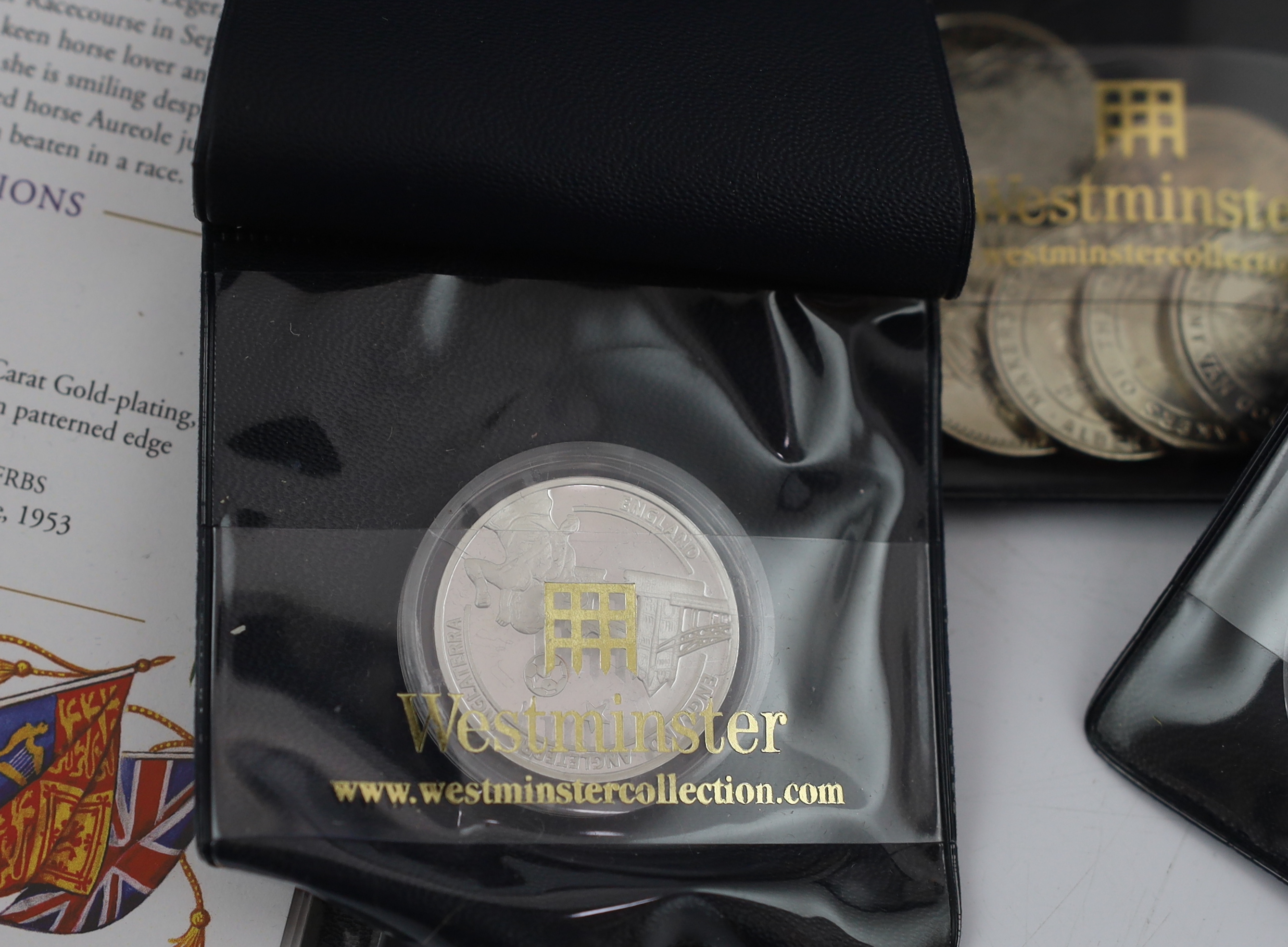 QEII coin issues - The London Mint office Britannia £5 coin and banknote tribute set, The 2008 & undated 20p coin set French, changing face of Britain’s coinage national emblems edition, Royal Mint 2012 Olympics 50p cycl